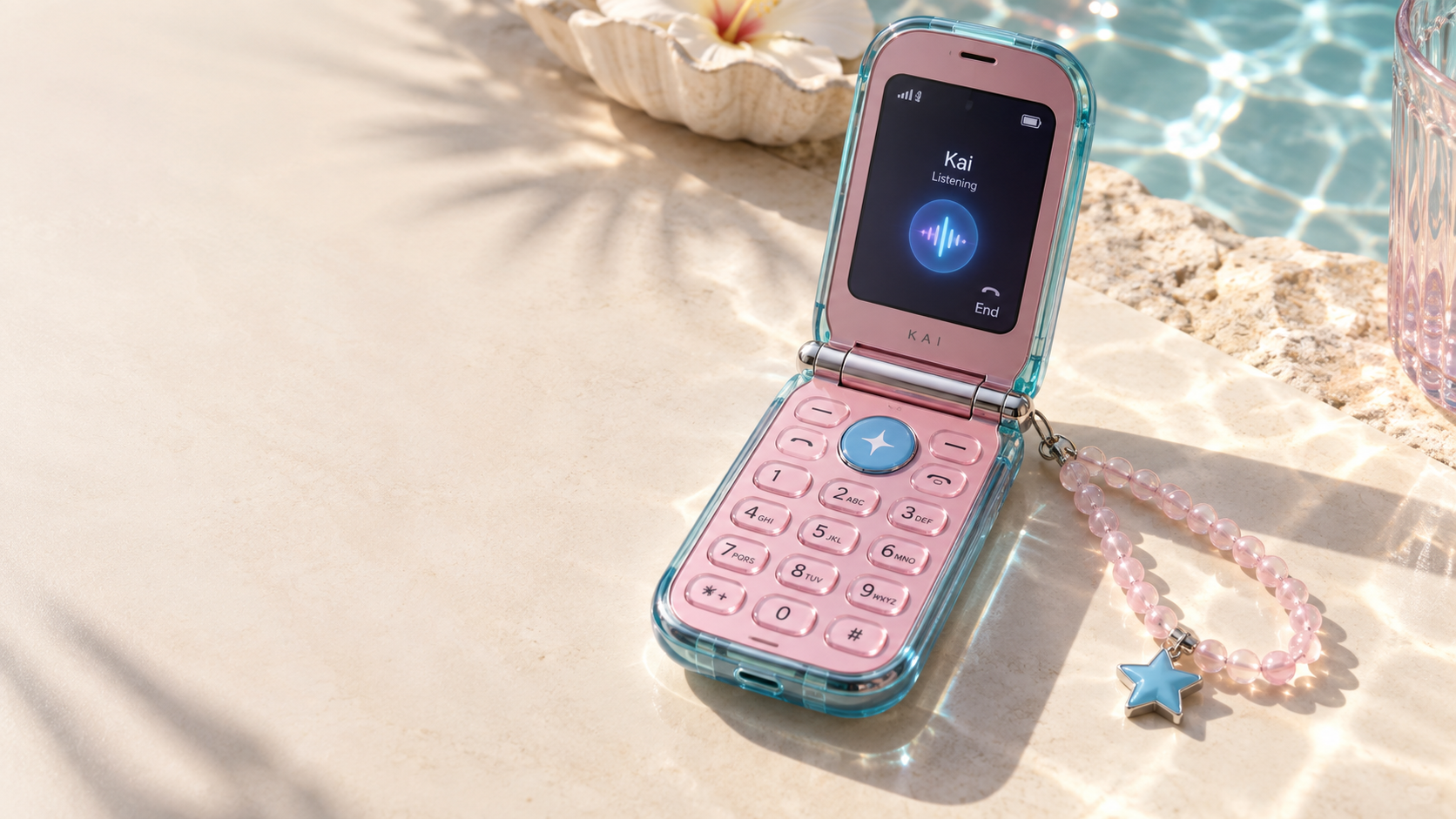 Concept rendering of the open Kai Phone beside a pool